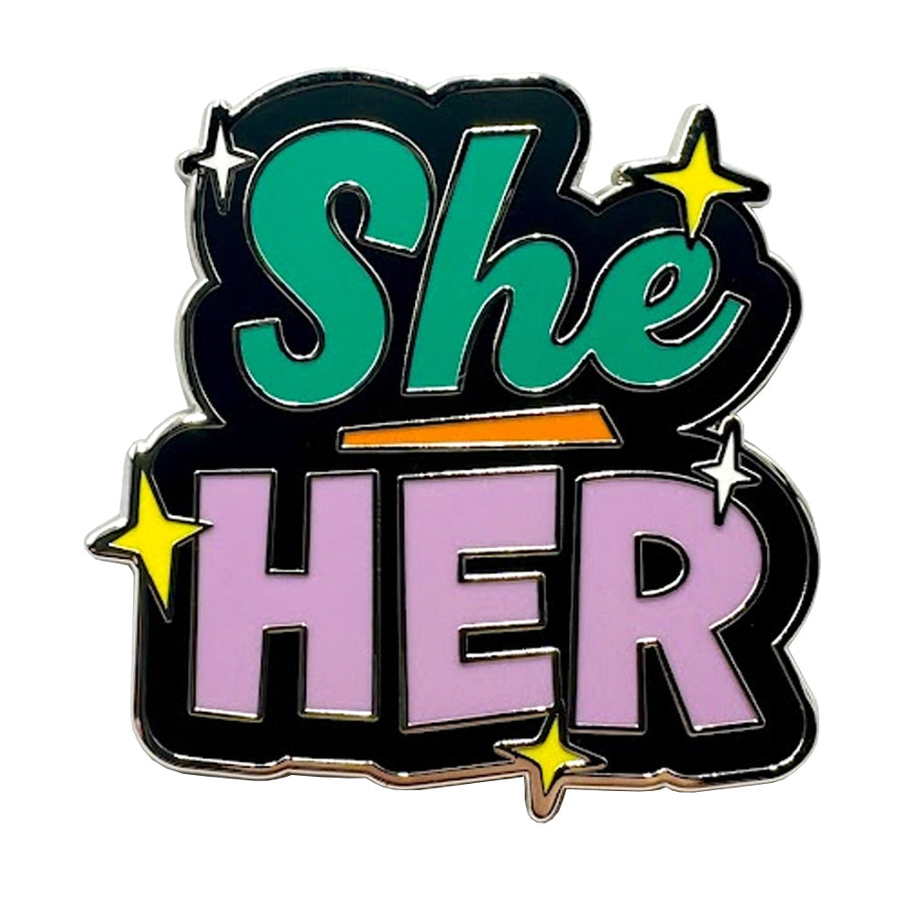 Pronoun She Her Enamel Pin (Black & Green/Lilac)