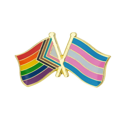 Progress Pride & Transgender Mini Gold Metal Waving Flags Lapel Pin Badge