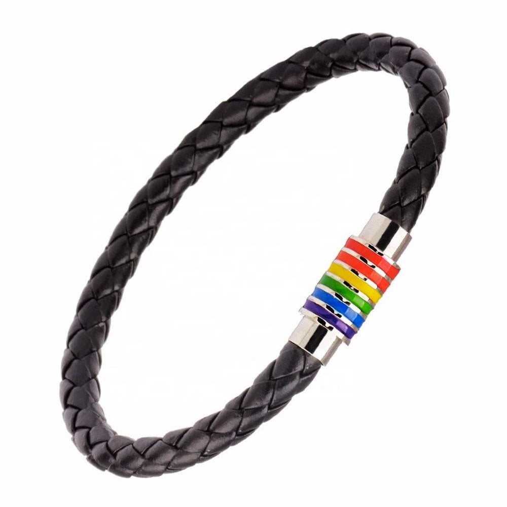 Gay Pride Rainbow Magnetic Bracelet (Black Leather/Silver Clasp