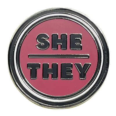 Pronoun She/They Round Metal & Enamel Pin (Red)