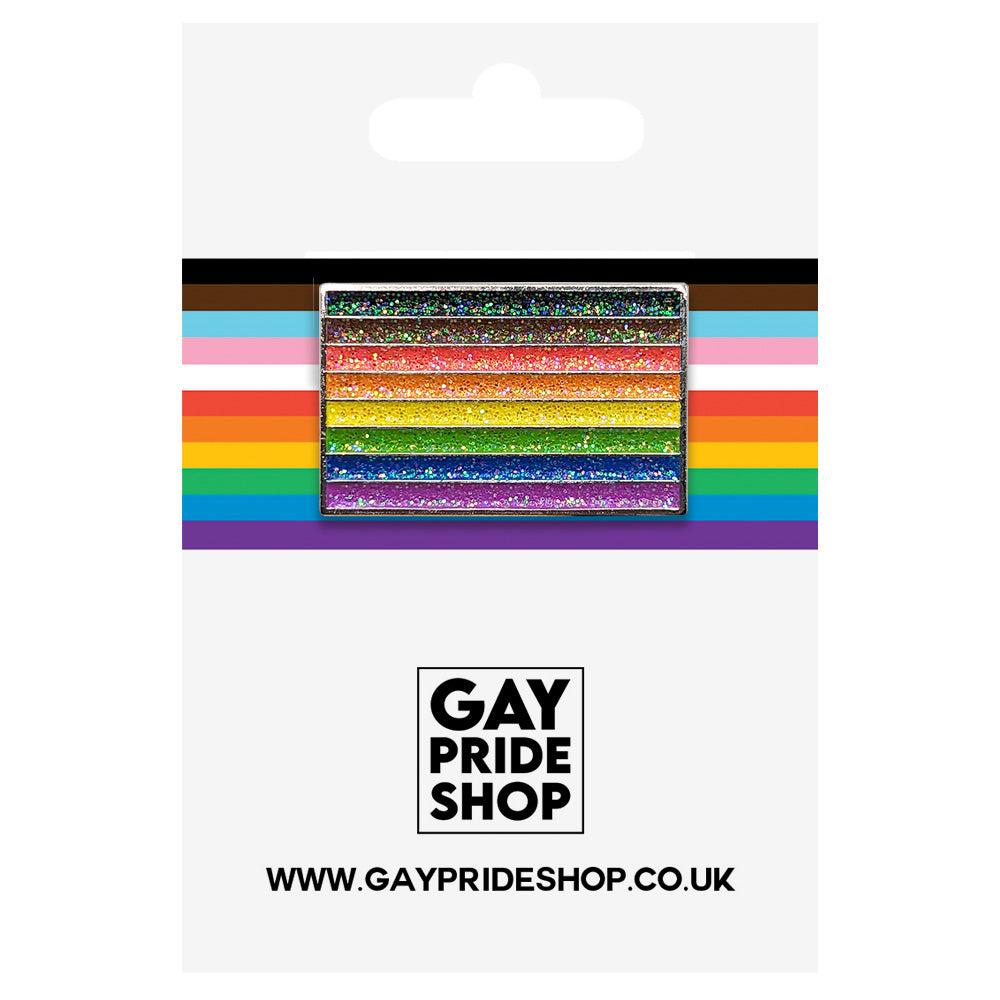 8 Colour Rainbow (Black & Brown Stripes) Metal Rectangle Lapel Pin Badge - Glitter Version