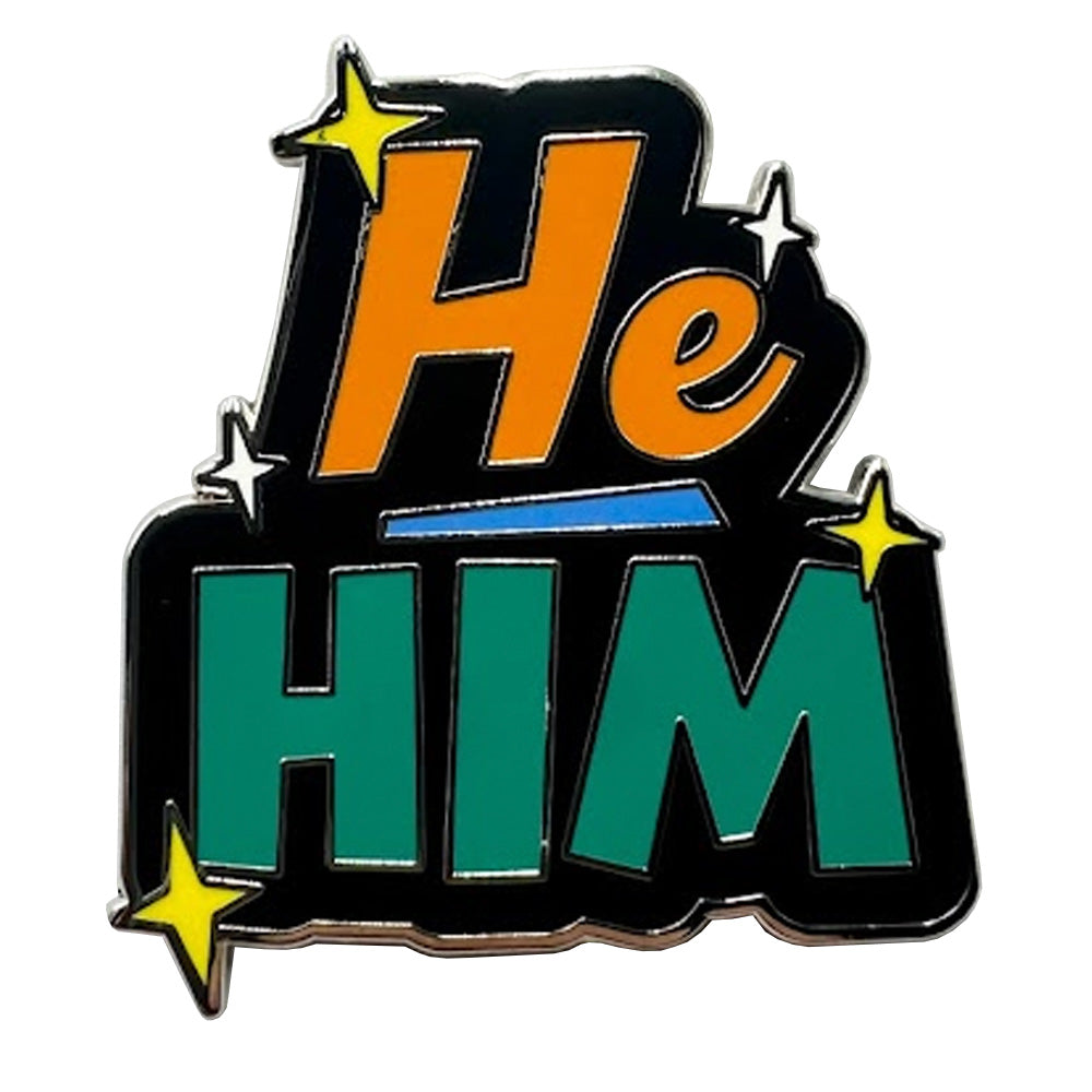 Pronoun He Him Enamel Pin (Black & Orange/Green)