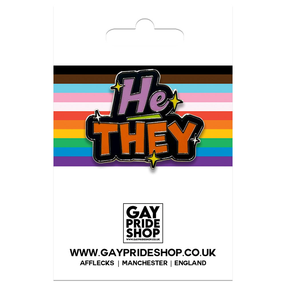 Pronoun He They Enamel Pin (Black & Lilac/Orange)