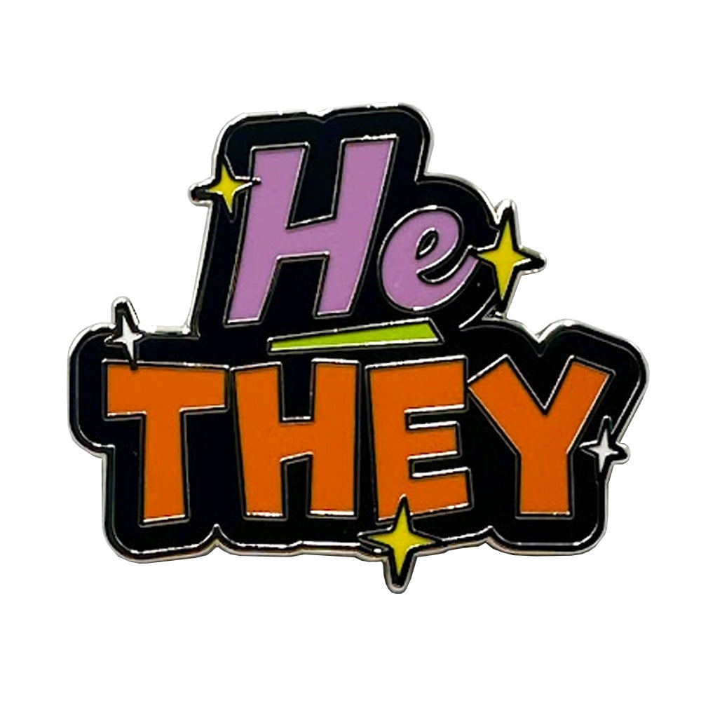 Pronoun He They Enamel Pin (Black & Lilac/Orange)