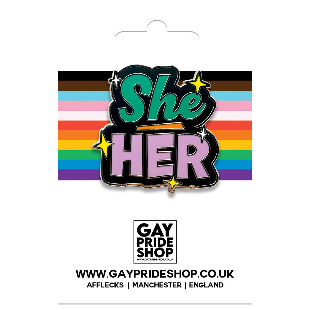 Pronoun She Her Enamel Pin (Black & Red/Green/Blue)