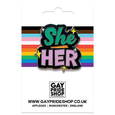 Pronoun She Her Enamel Pin (Black & Red/Green/Blue)