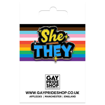 Pronoun She/They Enamel Pin (Black & Yellow/Blue)