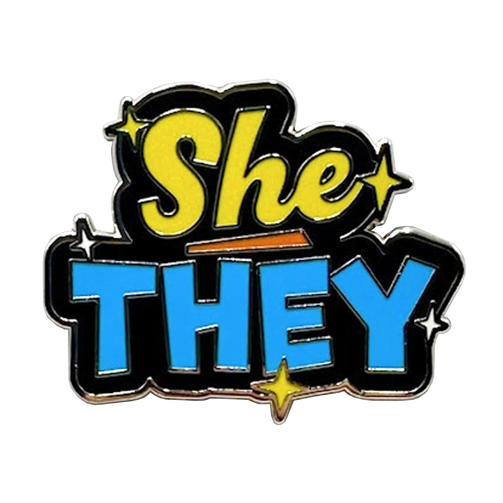 Pronoun She/They Enamel Pin (Black & Yellow/Blue)