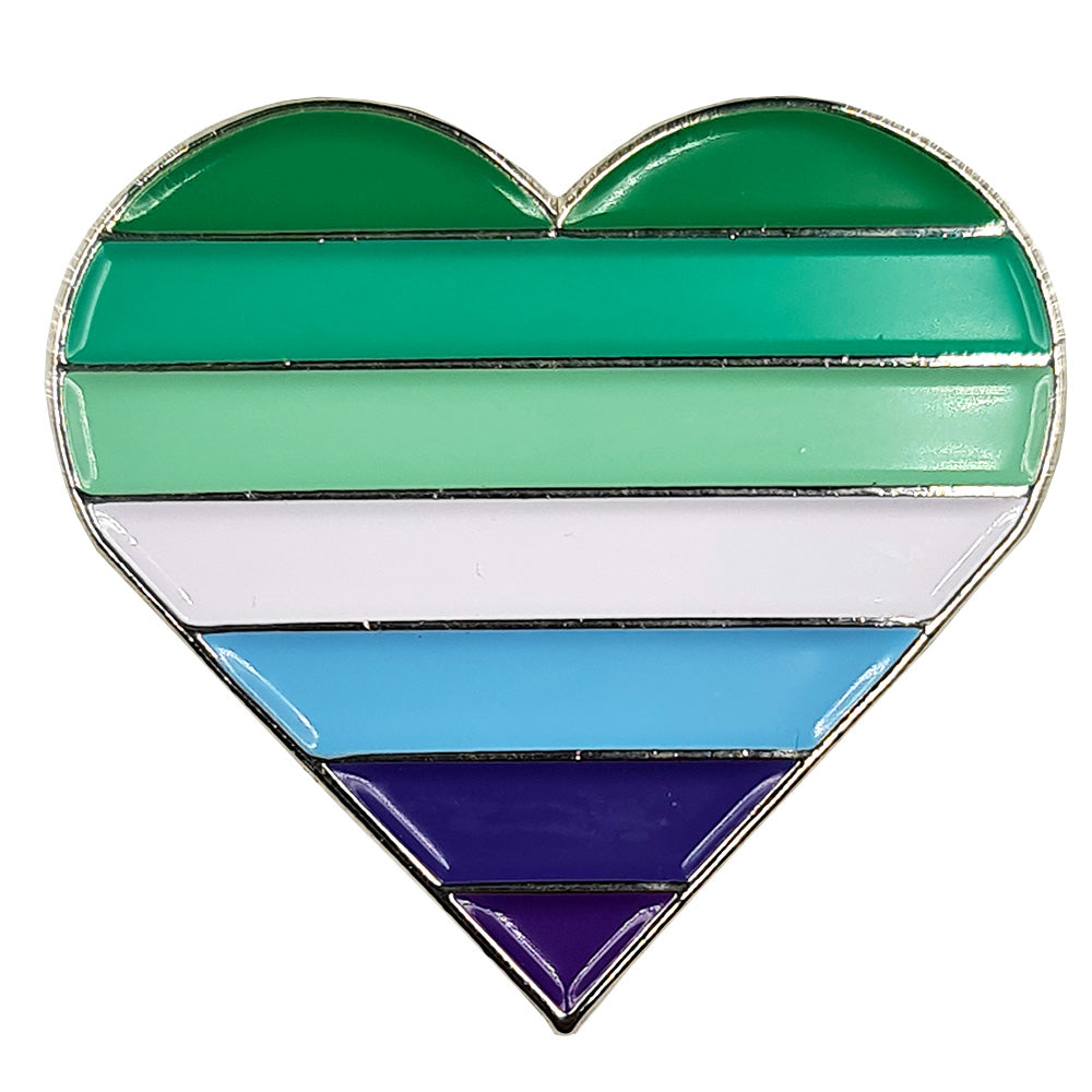 Gay Male / MLM (Men Loving Men) Flag Silver Metal Heart Lapel Pin Badge