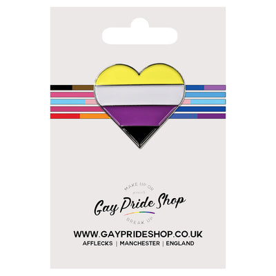 Non Binary Flag Silver Metal Heart Lapel Pin Badge