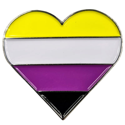 Non Binary Flag Silver Metal Heart Lapel Pin Badge