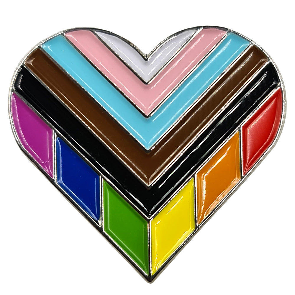 Progress Pride Flag Silver Metal Heart Lapel Pin Badge