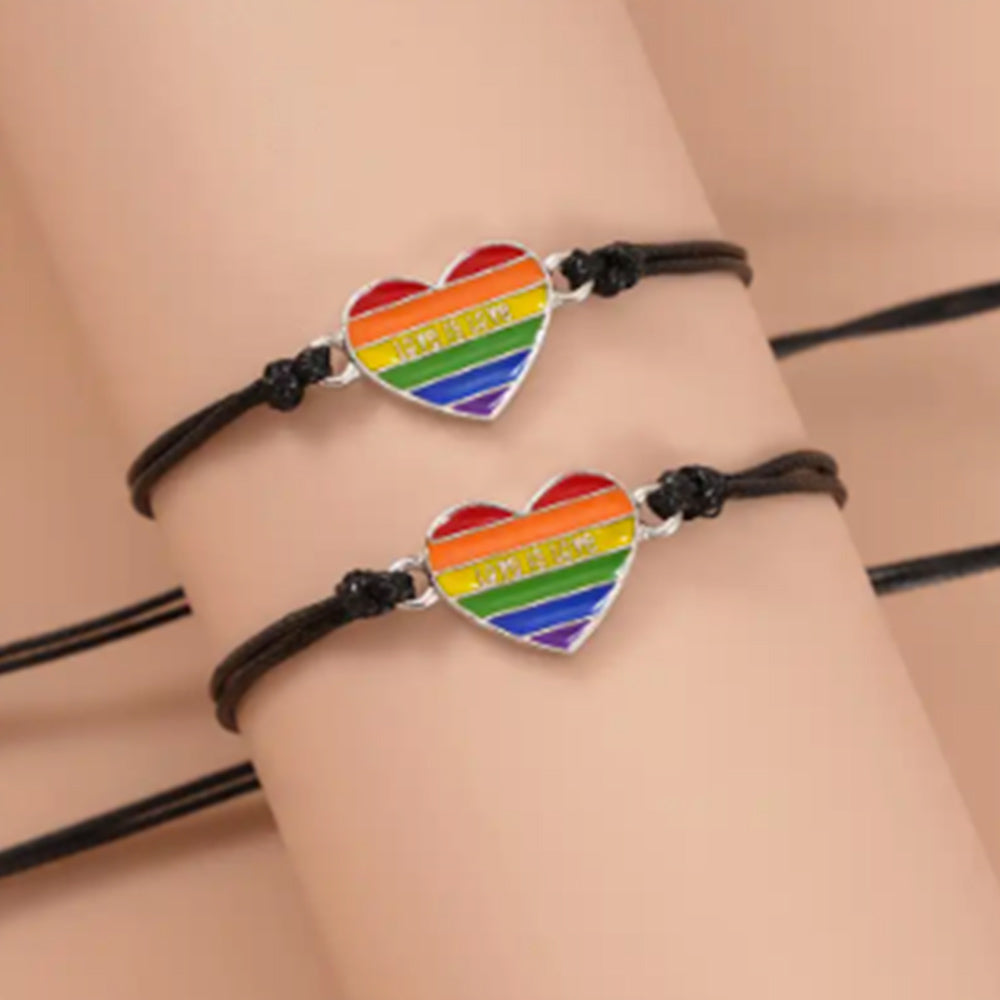 Gay Pride Rainbow 2 Pack Friends/Lovers Cord & Silver Heart Friendship Bracelets