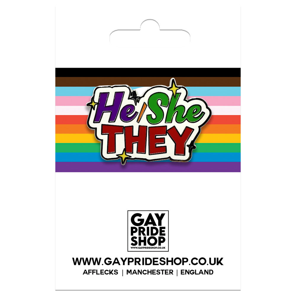 Pronoun He She They Enamel Pin (White & Purple/Green/Red)