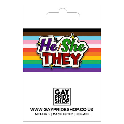 Pronoun He She They Enamel Pin (White & Purple/Green/Red)