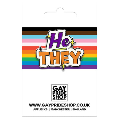 Pronoun He They Enamel Pin (White & Purple/Orange)