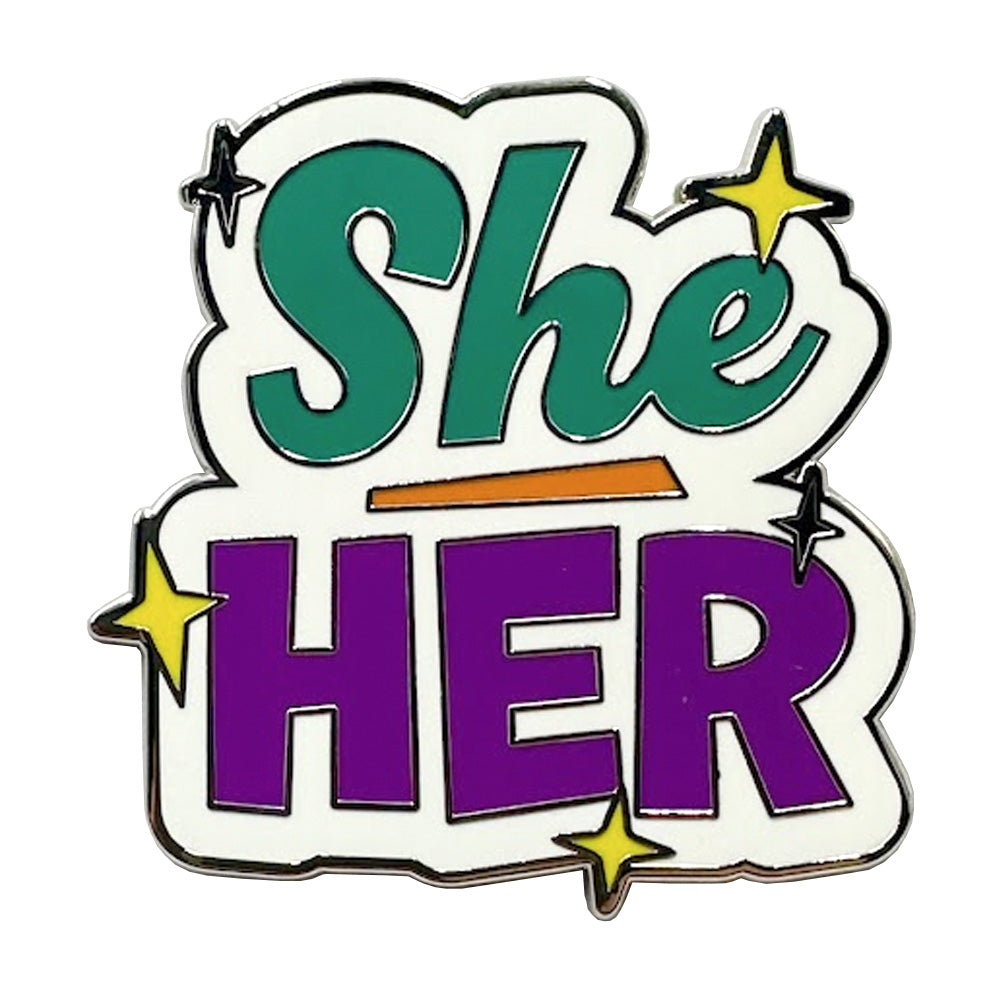 Pronoun She Her Enamel Pin (White & Green/Lilac)