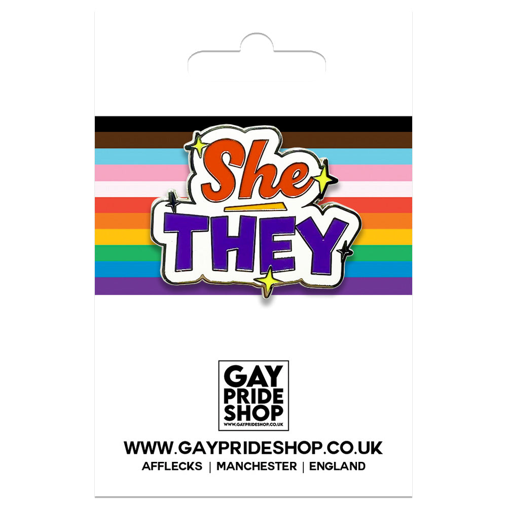 Pronoun She They Enamel Pin (White & Red/Purple)