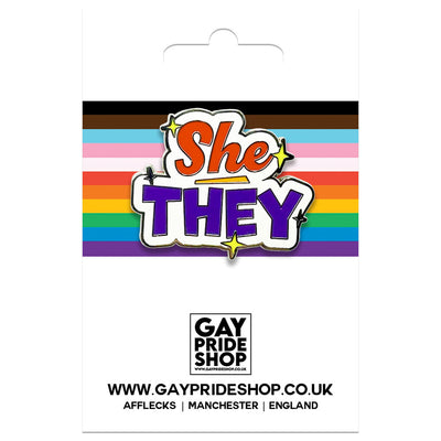 Pronoun She They Enamel Pin (White & Red/Purple)