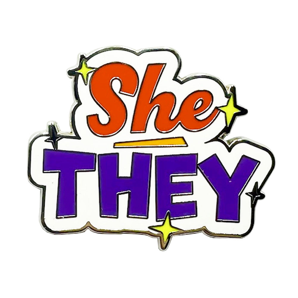 Pronoun She They Enamel Pin (White & Red/Purple)