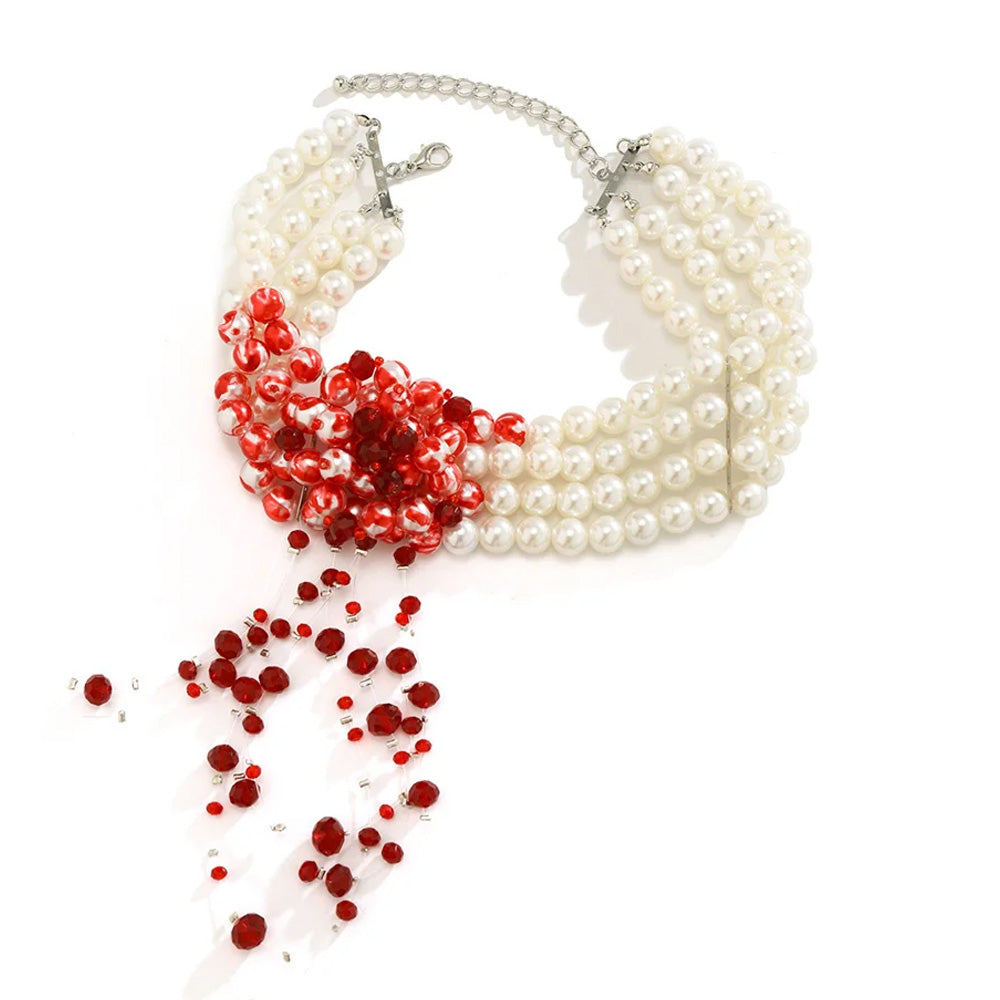 Horror/Halloween Imitation Pearl Choker With Blood Drop Effects - Large