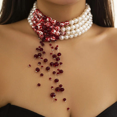 Horror/Halloween Imitation Pearl Choker With Blood Drop Effects - Large