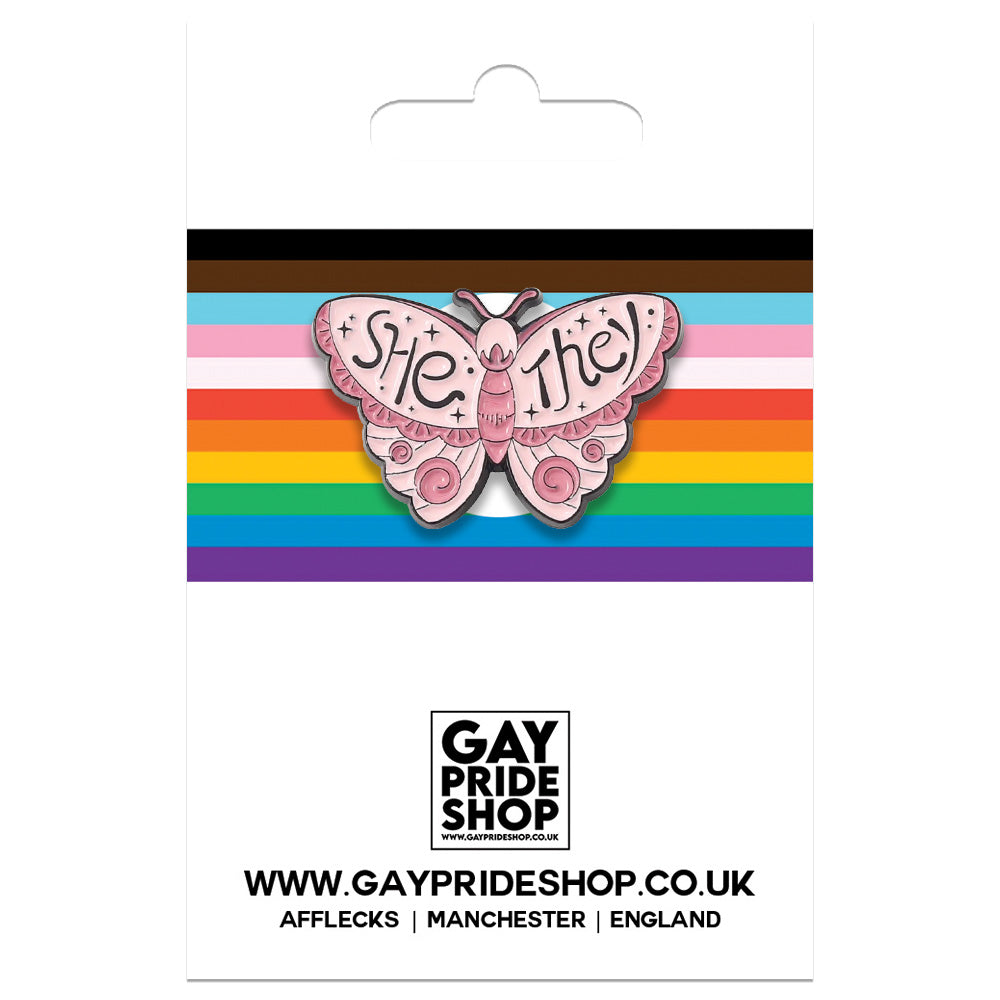 Butterfly Shape Metal Pronoun Pin - She/They