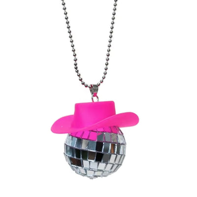 Chappell Roan Inspired Pink Cowgirl Hat on Mirror Ball Necklace