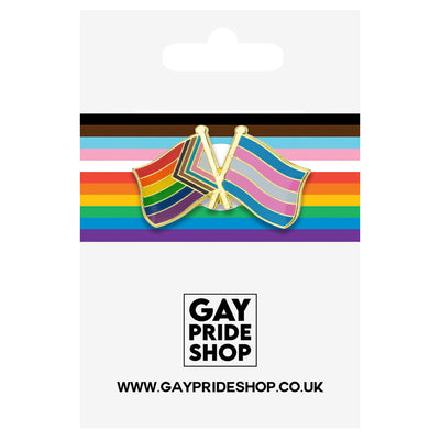Progress Pride & Transgender Mini Gold Metal Waving Flags Lapel Pin Badge
