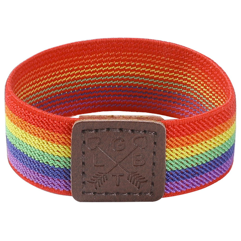 Gay Pride Rainbow Elasticated Bracelet with Leather LGBT Emblem