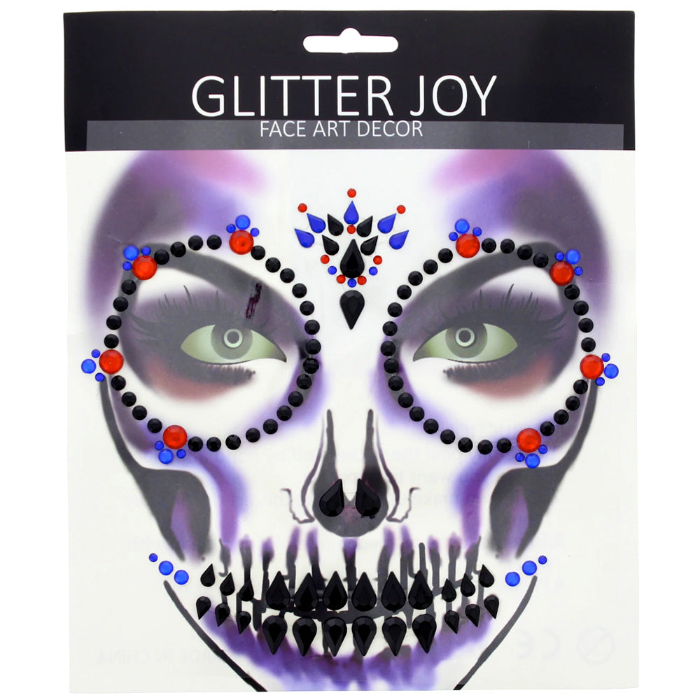 Halloween Face Jewels - Day Of The Dead (Black/Red/Blue Gems)