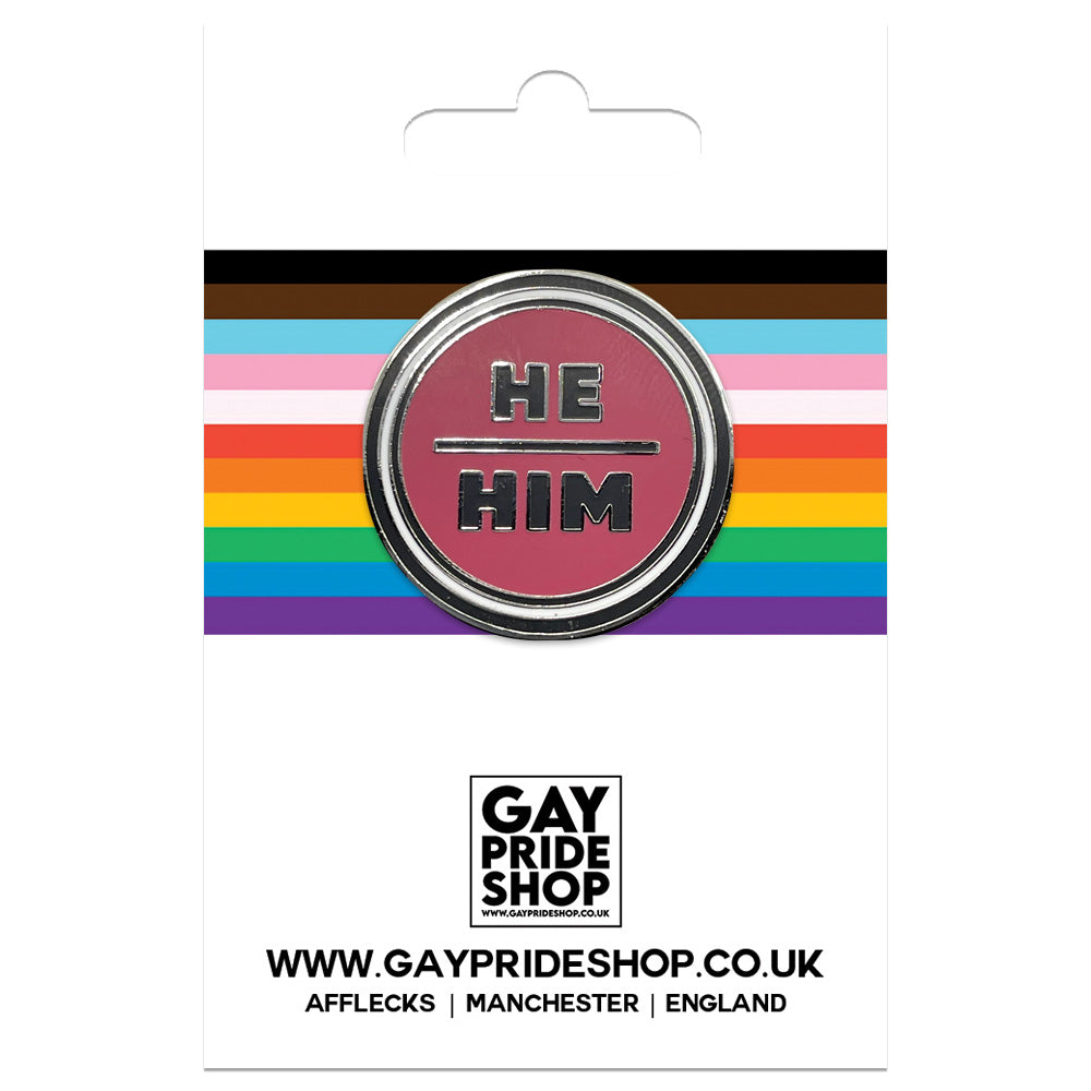 Pronoun He/Him Round Metal & Enamel Pin (Red)