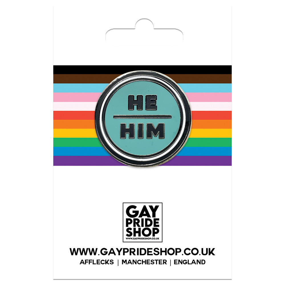 Pronoun He/Him Round Metal & Enamel Pin (Turquoise)