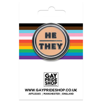 Pronoun He/They Round Metal & Enamel Pin (Peach)