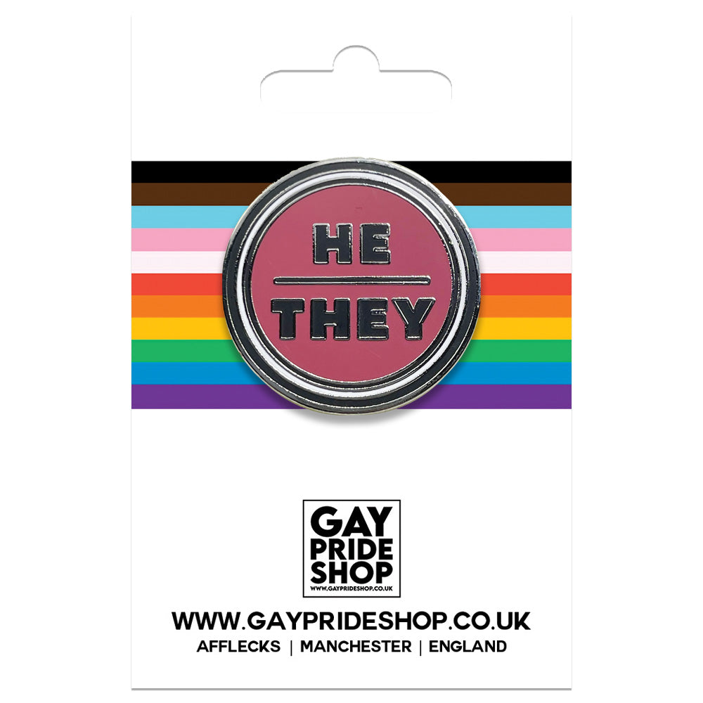 Pronoun He/They Round Metal & Enamel Pin (Red)