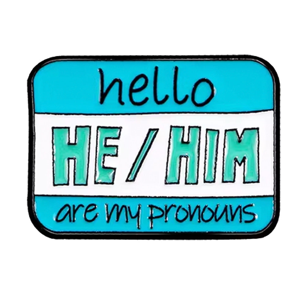 Name Badge Style Metal Pronoun Pin - He/Him (Green/White)