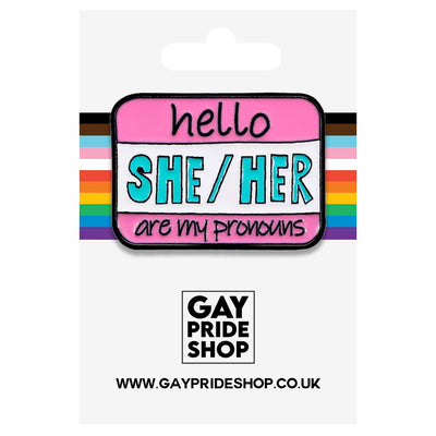 Name Badge Style Metal Pronoun Pin - She/Her (Pink/Green)