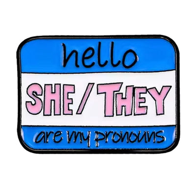 Name Badge Style Metal Pronoun Pin - She/They (Blue/Pink)