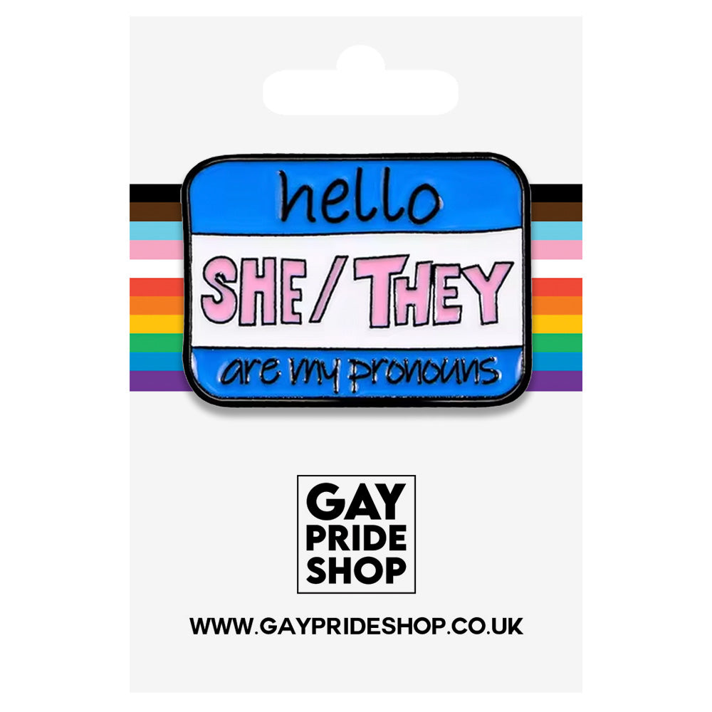 Name Badge Style Metal Pronoun Pin - She/They (Blue/Pink)