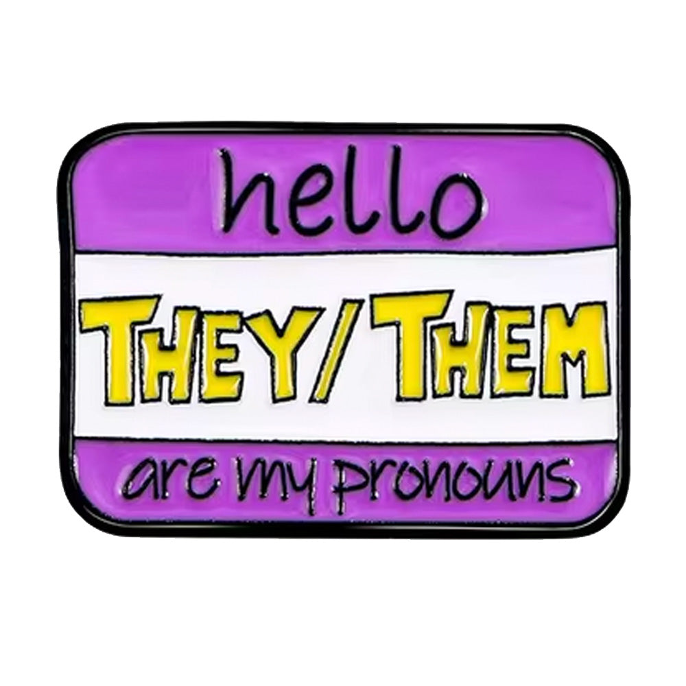 Name Badge Style Metal Pronoun Pin - They/Them (Purple/Yellow)