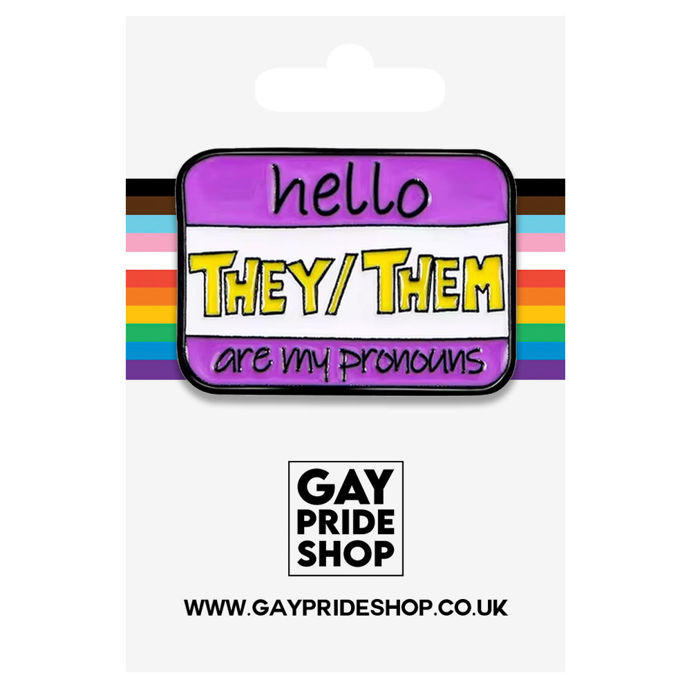 Name Badge Style Metal Pronoun Pin - They/Them (Purple/Yellow)