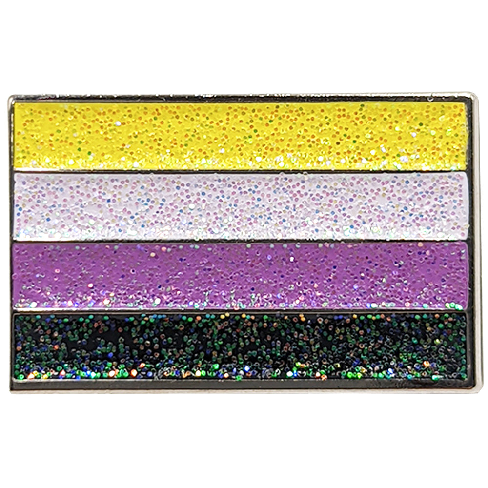 Non Binary Silver Metal Rectangle Lapel Pin Badge - Glitter Version