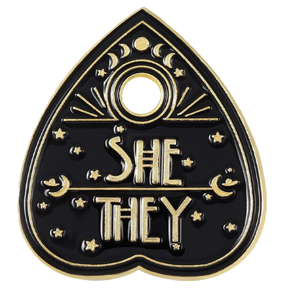 Ouija Board Planchette Metal Pronoun Pin - She/They