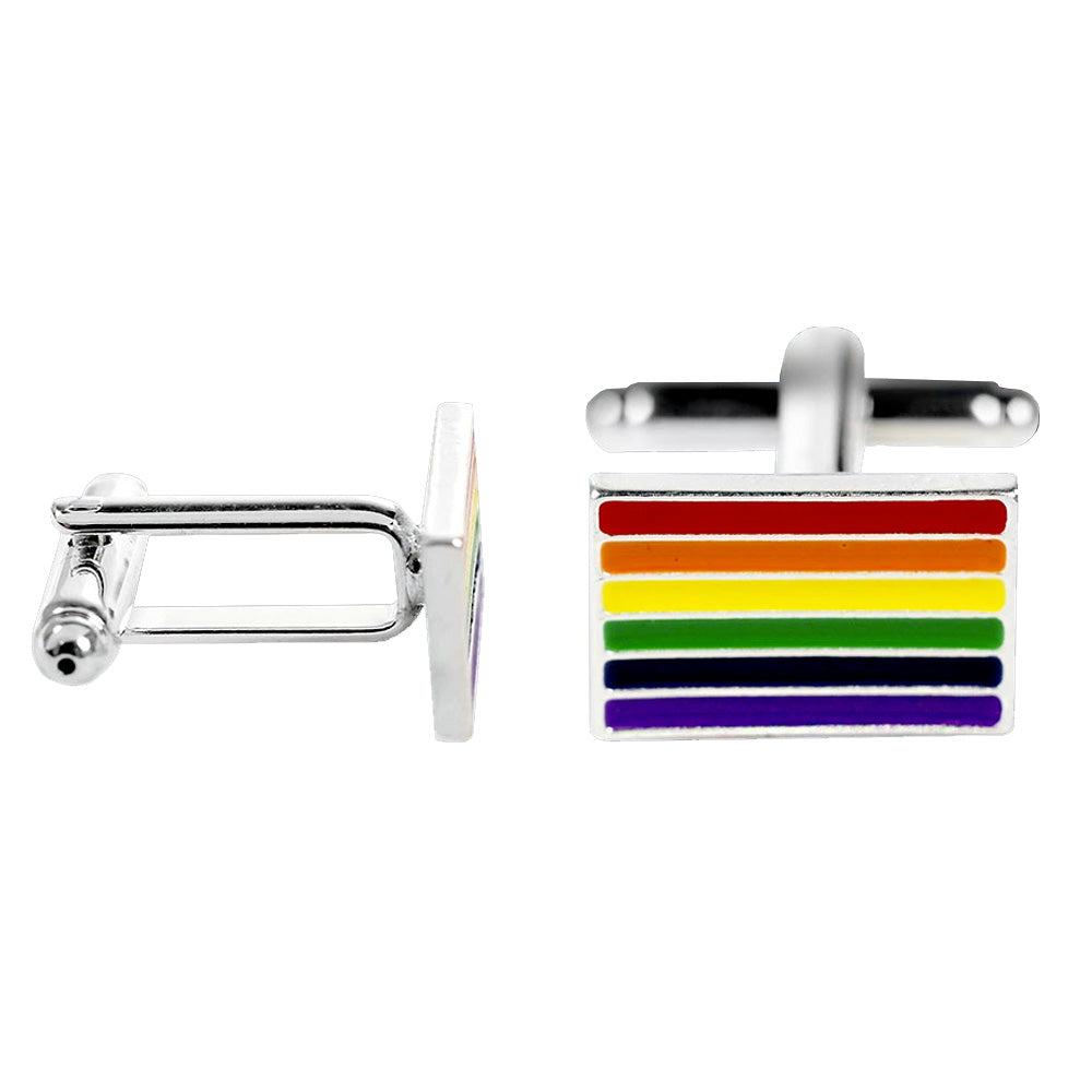 Gay Pride Rainbow Rectangle Flag Silver Plated Cufflinks