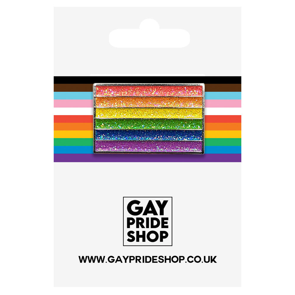 Gay Pride Rainbow Metal Rectangle Lapel Pin Badge - Glitter Version