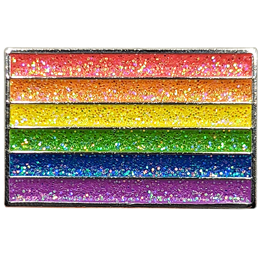 Gay Pride Rainbow Metal Rectangle Lapel Pin Badge - Glitter Version