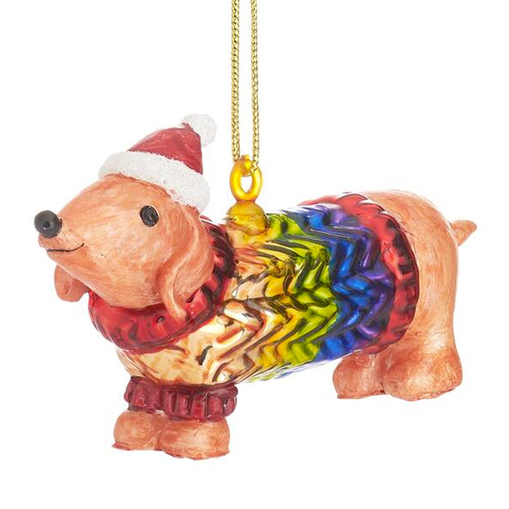 LGBTQ+ Christmas Decoration - Glass Sausage Dog Shaped Rainbow Bauble
