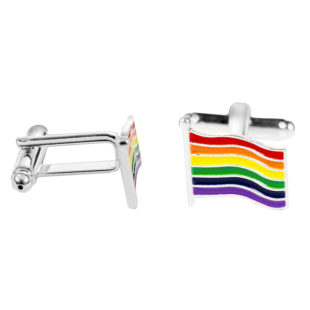 Gay Pride Rainbow Waving Flag Silver Plated Heart Cufflinks