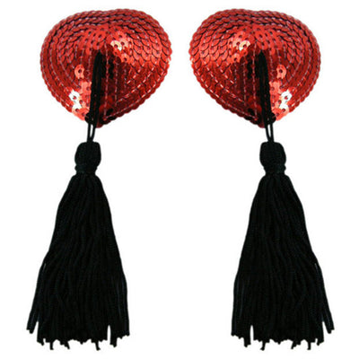 Nipple Tassels - Red Sequin Hearts With Black Tassels