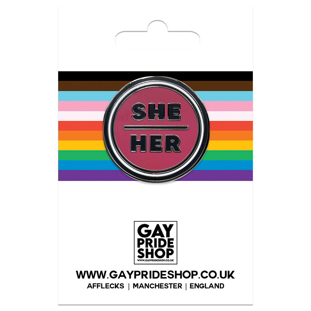 Pronoun She/Her Round Metal & Enamel Pin (Red)